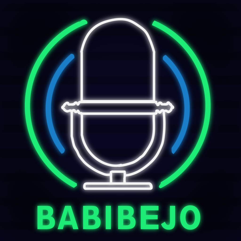 Logo do BabiBEJO. Fundo preto e resto em estilo neon, microfone de podcaster branco, e luzes nas laterais em azul e verde.